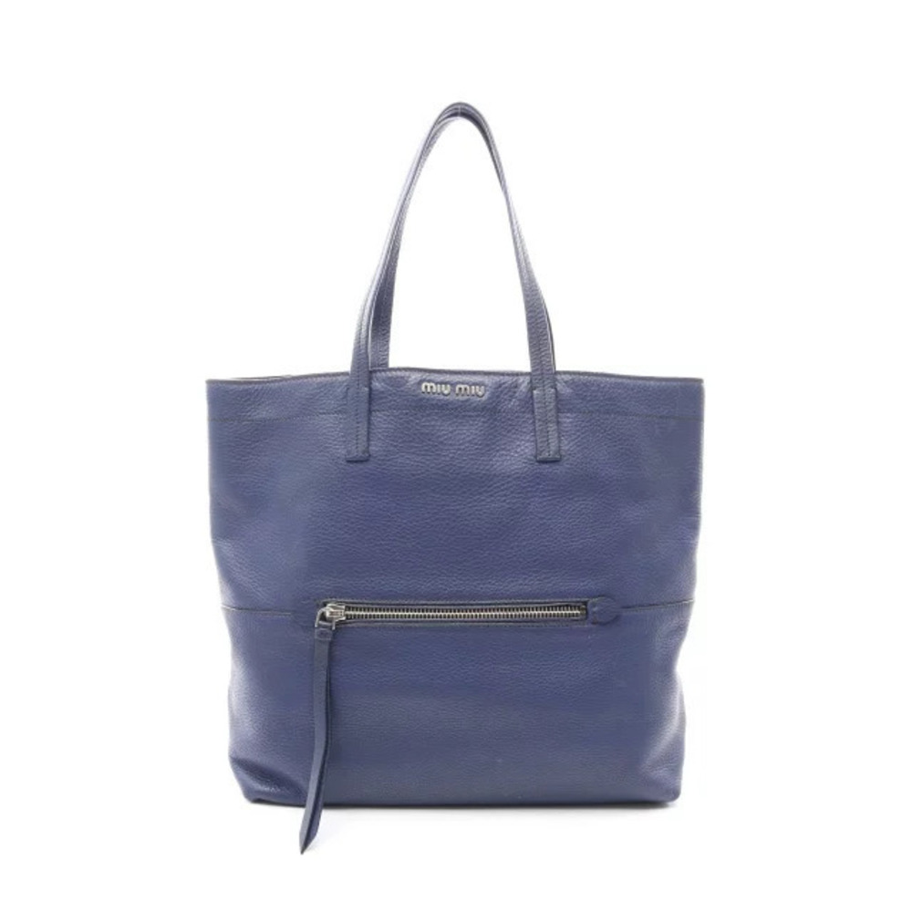 Miu Miu blue grained leather tote bag front zipper pocket Blue